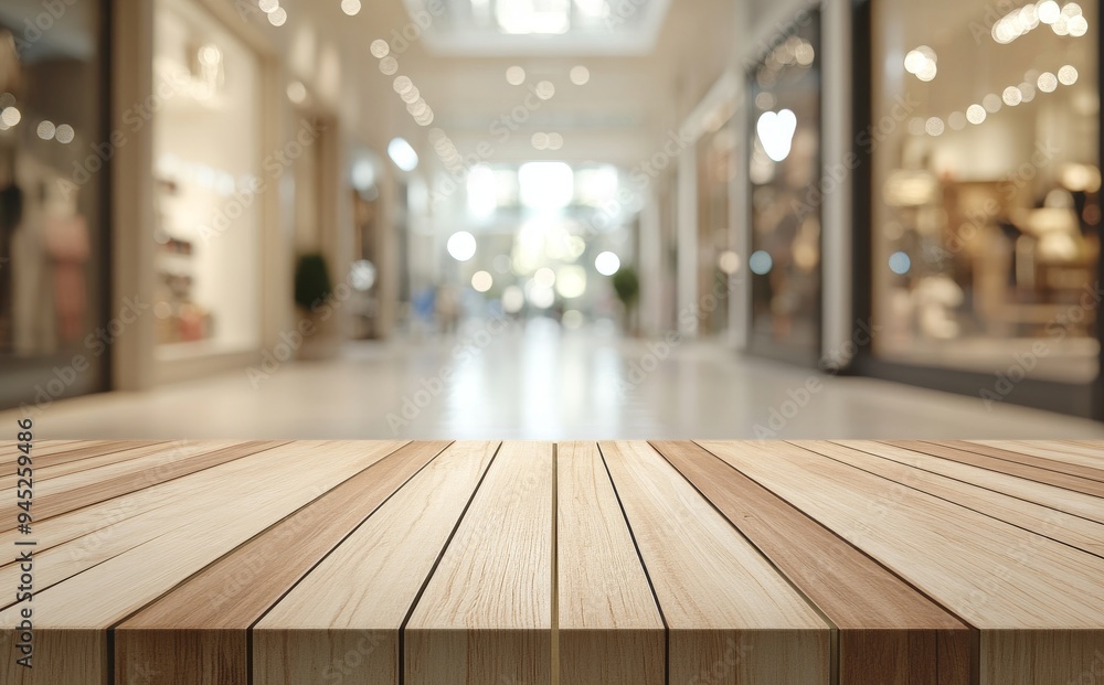 Poster table with an empty product display, blurred store bokeh background