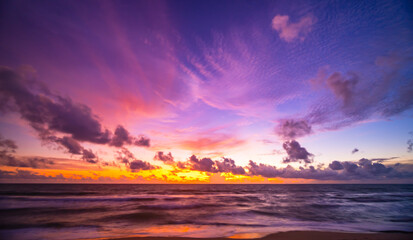 Landscape view colorful sunset or sunrise sky, Beautiful Light Sunset or sunrise over sea,Colorful clouds majestic scenery sunset Sky, Amazing clouds and waves in the ocean,Wonderful cloud background