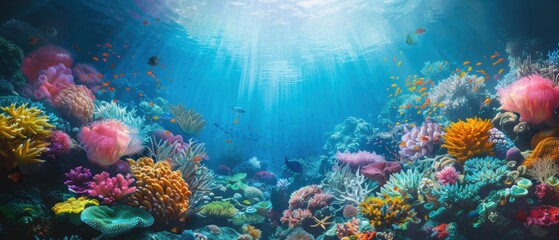 Vibrant Underwater World: Colorful Coral Reef Ecosystem Teeming with Life