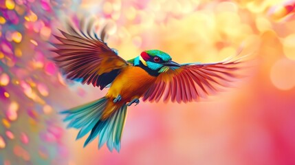 Obraz premium A vibrant avian in aerial motion.