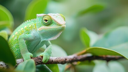 Obraz premium Green Chameleon on a Branch Amid Lush Foliage
