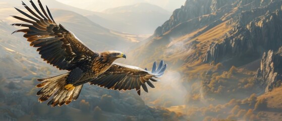 Fototapeta premium Majestic Bald Eagle Soaring Over Scenic Valley Landscape in Clear Blue Sky - Wildlife Freedom Concept