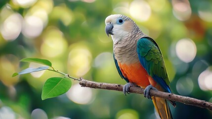 Obraz premium A white-bellied parrot perched on a tree branch with a blurred background.