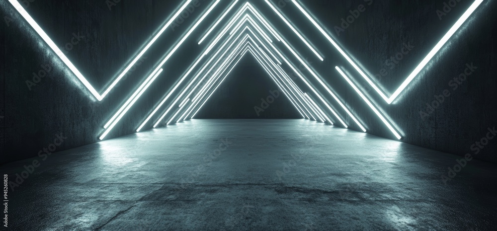 Poster a futuristic sci-fi rendering of a triangle of white neon tubes glowing in an empty space with refle