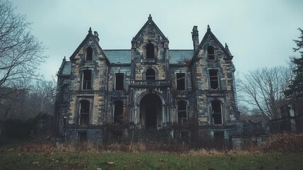 Fototapeta premium Exploring the eerie beauty of Exploring Abandoned Mansions filled with history and decay close up urban exploration theme ethereal Silhouette Ruined mansion as backdrop