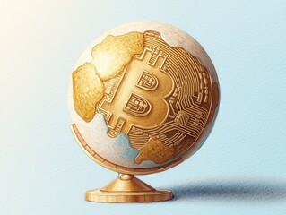 Digital Globe with Golden Bitcoin Continents - Illustration of Global Financial Power of Cryptocurrency in Watercolor Style