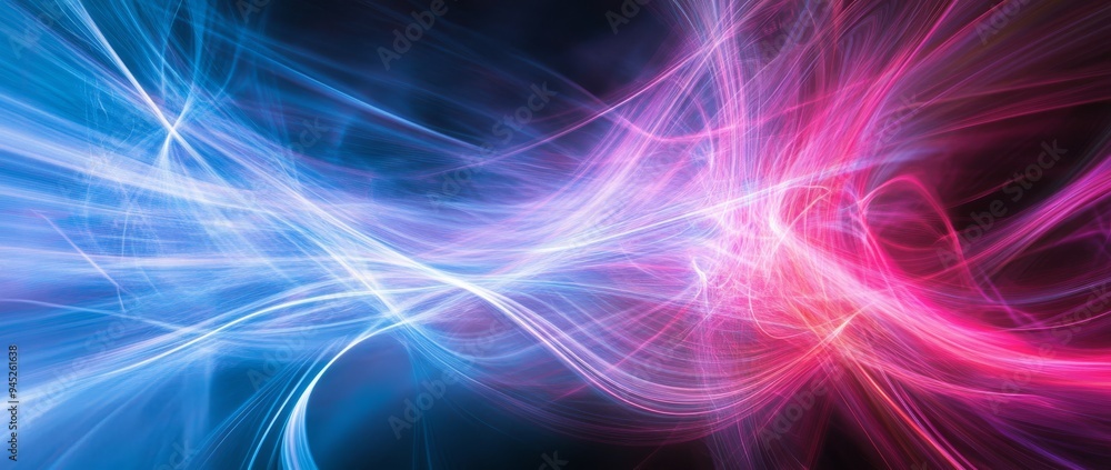 Poster the substrate is an abstract blue background with neon rays, flashes of light, faces and lines. it i