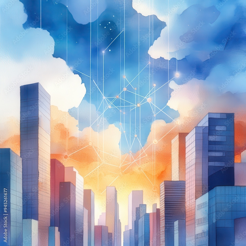 Poster digital connections: watercolor futuristic cityscape with blockchain networks enhancing tech-driven 