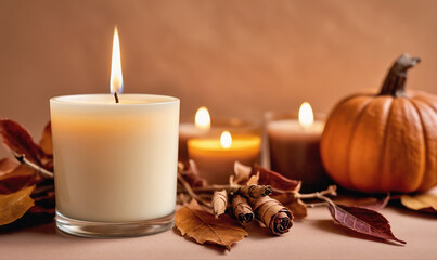 A large candle burns brightly next to a small pumpkin and autumn leaves