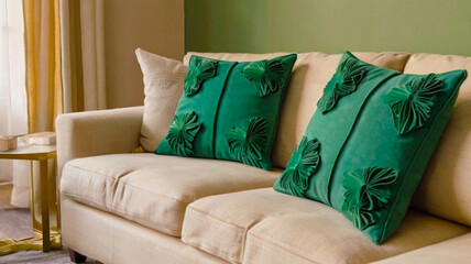 Green Decorative Cushions on Beige Sofa