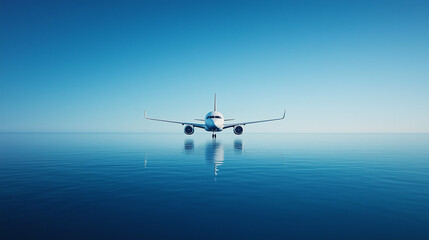 An airplane gently floating on the calm surface of the sea, with its reflection mirrored in the water