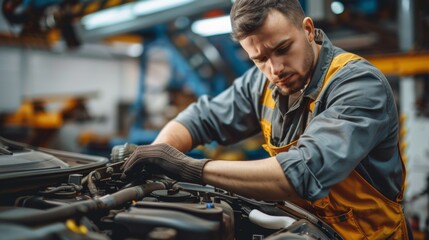 Mechanic Working on Car in Auto Repair Shop