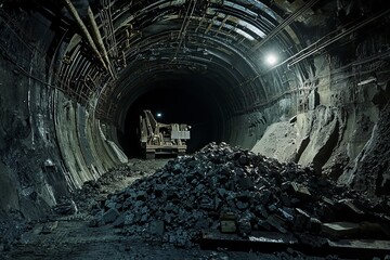 Naklejka premium A tunnel boring machine’s cutter head is in action underground, with piles of excavated rock being removed