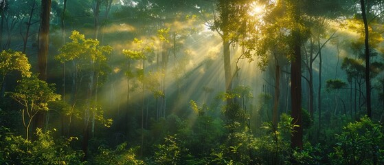 Fototapeta premium Serene Forest Scene with Golden Sunlight Filtering Through Lush Canopy