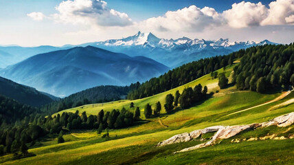 Naklejka premium Idyllic Mountain Landscape: Scenic Highlands with Clouds, Meadows, and Forestry for Tranquil Hiking and Exploration