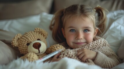 Fototapeta premium Young Girl with Teddy Bear Holding Thermometer
