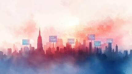 Futuristic Urban Skyline with Crypto Billboards - Watercolor Illustration of Modern Economy