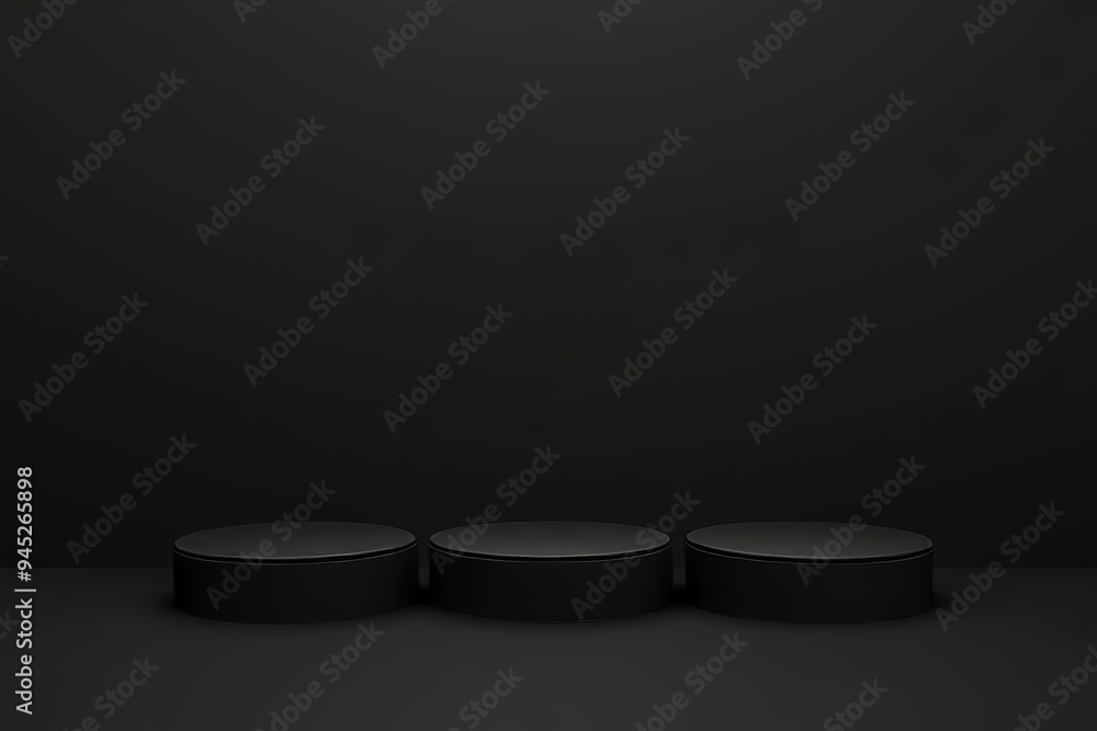Poster three-dimensional rendering of a black podium or pedestal display set on a dark background with a lo