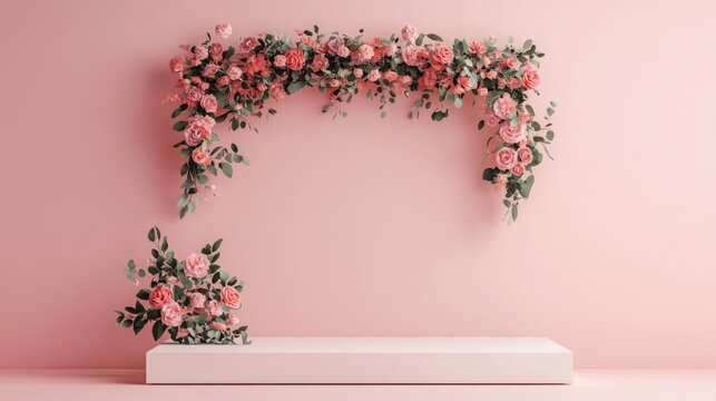 Elegant floral arrangement with soft pink roses on a pastel backdrop, perfect for weddings or home decor.