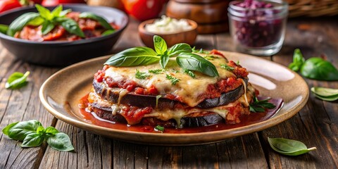 8. A mouthwatering, rich purple eggplant parmesan dish, served on a rustic wooden table, surrounded by fresh basil leaves, a realistic photo image.
