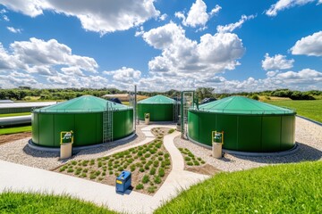 Biogas-powered farm featuring visible methane gas storage tanks and advanced leak detection equipment, emphasizing sustainable energy and safety measures.