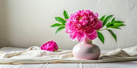 7. A beautiful amaranth pink peony blooms in a delicate ceramic vase, set against a clean white linen tablecloth, a realistic photo image.