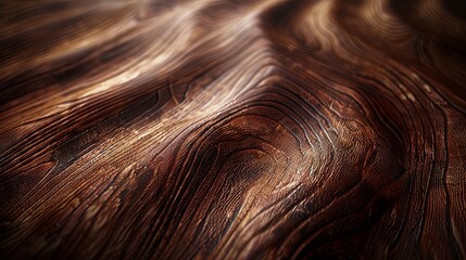 Naklejka premium A detailed shot of dark walnut wood paneling with a polished, glossy surface. The swirling grain patterns and dark hues exude sophistication and luxury