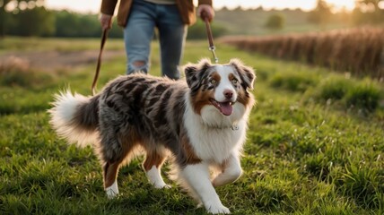  Happy Australian Shepherd and cute cat walking on green field