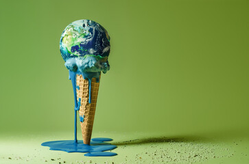 Globe terrestre en forme de boule de glace fondant sur un cornet, illustrant le réchauffement climatique, sur fond vert espace négatif copyspace symbole écologique