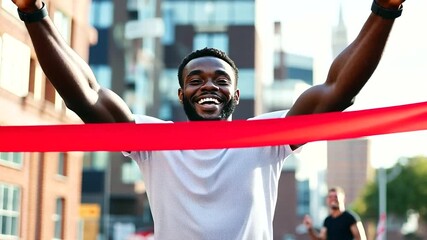 joyful male runner crossing the finish line, arms outstretched as he breaks the red ribbon, smiling broadly in celebration of his marathon victory, embodying the spirit of endurance and success