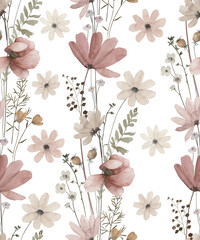 Materiał do szycia Watercolor floral seamless pattern. Hand drawn autumn illustration. Art background