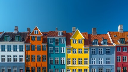 Fototapeta premium A colorful row of historic buildings under a clear blue sky.