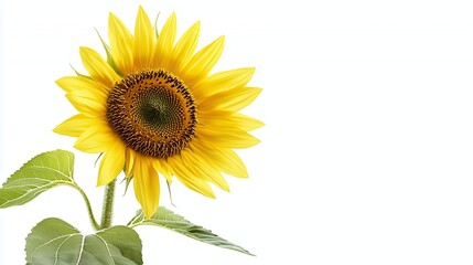 Obraz premium A vibrant sunflower with green leaves against a white background.