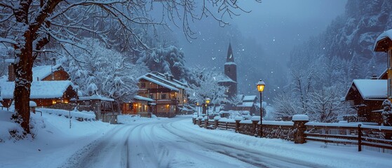 Serene Winter Scene: Snowfall Blanketing a Tranquil Village