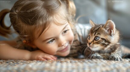 "Little girl and kitten bonding