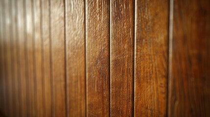 Fototapeta premium A detailed view of teak wood paneling with a golden-brown color and fine, straight grain. The smooth, polished finish enhances its luxurious appearance