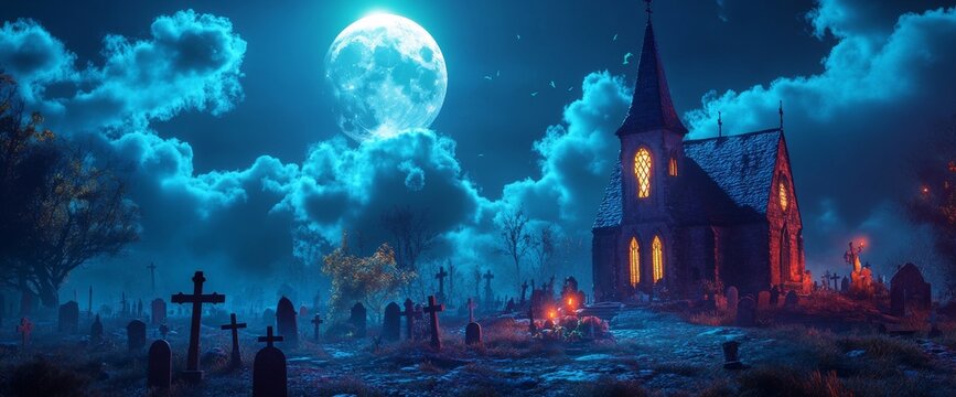 Holiday event halloween banner background concept of graveyard cemetery to castle at night. Full moon and bats on dead tree with spookiness in a dark night.