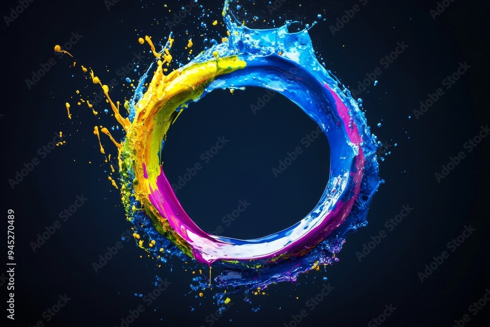 Poster on black background, curved wave colorful pattern with paint drops. abstract circle liquid motion fl
