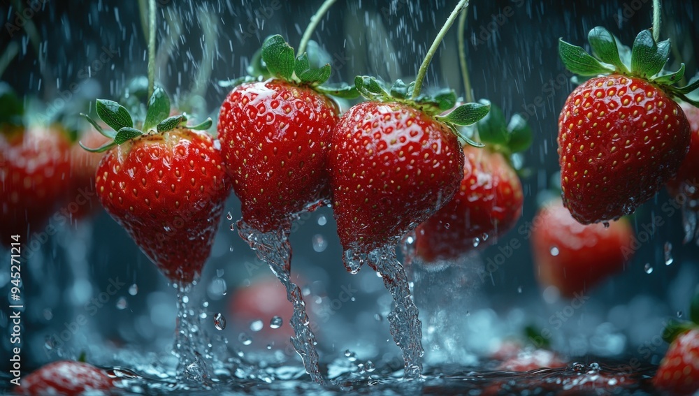 Poster three fresh strawberries splashing in water, creating a vibrant and refreshing image.