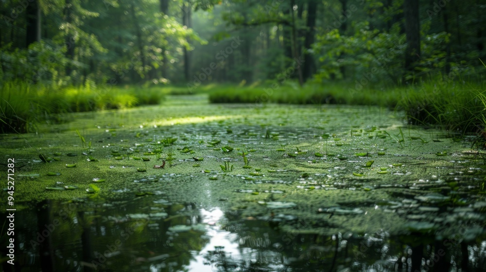 Wall mural tranquil forest swamp in morning light