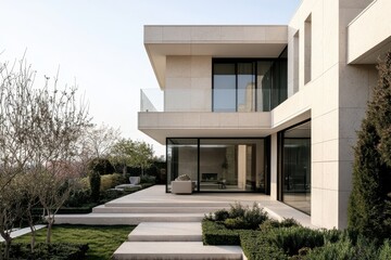 Fototapeta premium Modern architectural design featuring a sleek house with outdoor landscaping.