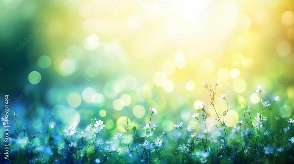Poster sunny spring meadow with green grass and blue sky. abstract background with light bokeh and text spa