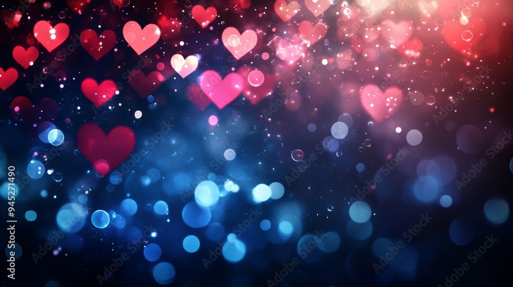 Poster the background is an abstract dark gradient with bokeh shapes of hearts.