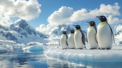 A group of penguins standing on a frozen lake