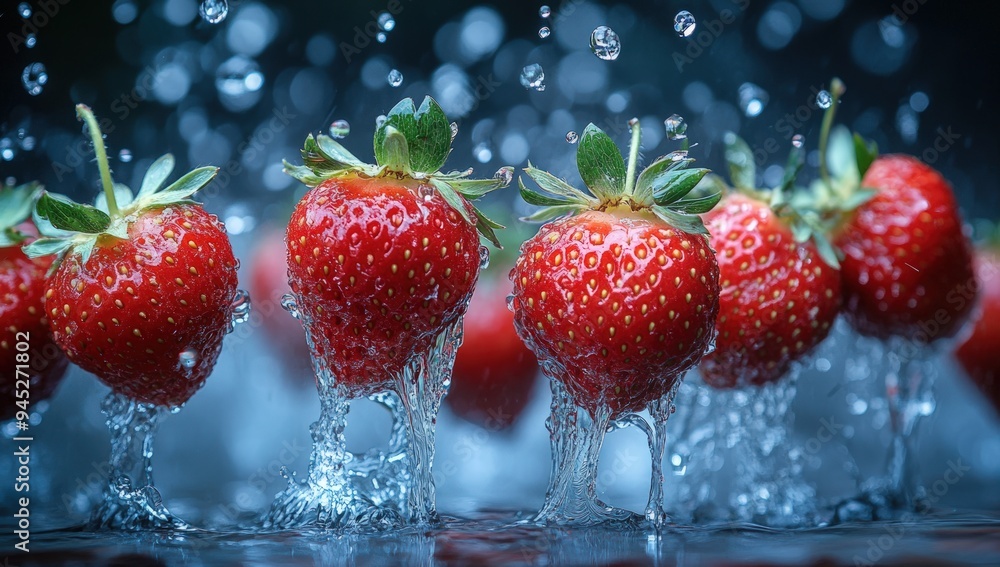 Poster three fresh strawberries splashing in water, creating a vibrant and refreshing image.