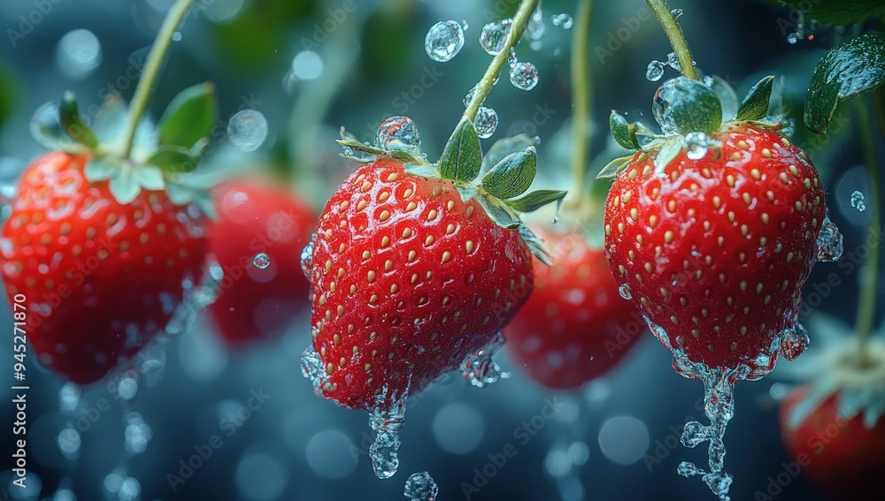 Poster three fresh strawberries splashing in water, creating a vibrant and refreshing image.