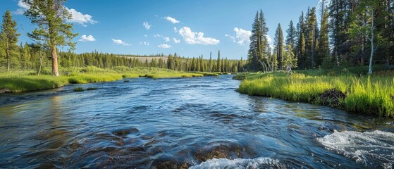 Serene Flowing River Landscape: Tranquil Scenery of a River Winding Through Lush Green Forest