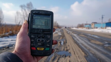 Handheld GPS Device on Snowy Road