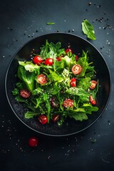 A fresh salad with greens and cherry tomatoes in a black bowl on a dark surface.