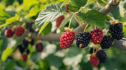 Ripe Blackberries and Red Berries on the Bush